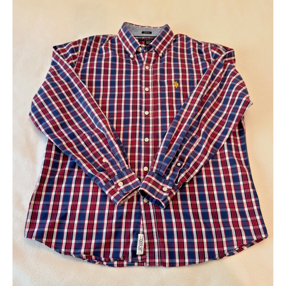 US Polo Assn. Shirt Men's Large Red Plaid Long Sleeve Button Up Stretch